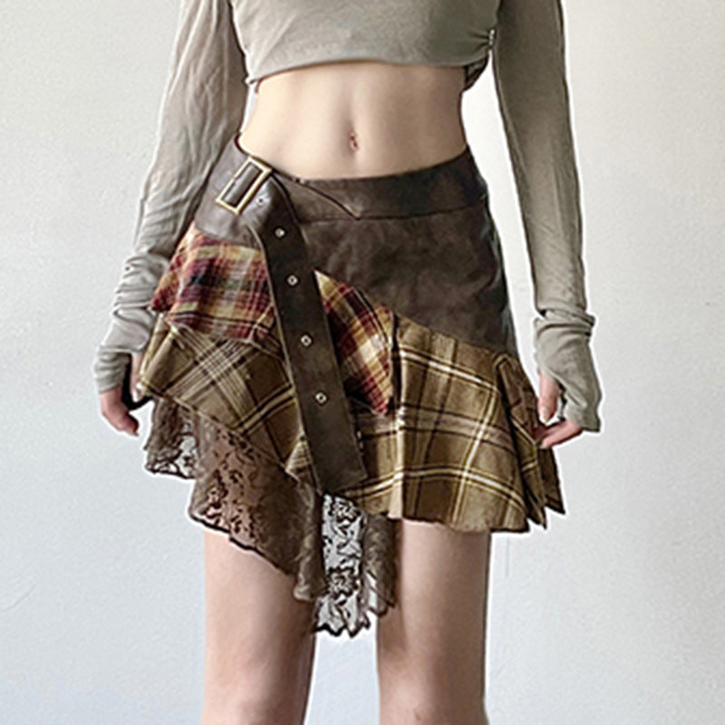 Women's Retro Irregular Plaid Colour-Contrast Patchwork Skirt