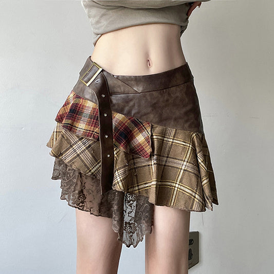 Women's Retro Irregular Plaid Colour-Contrast Patchwork Skirt