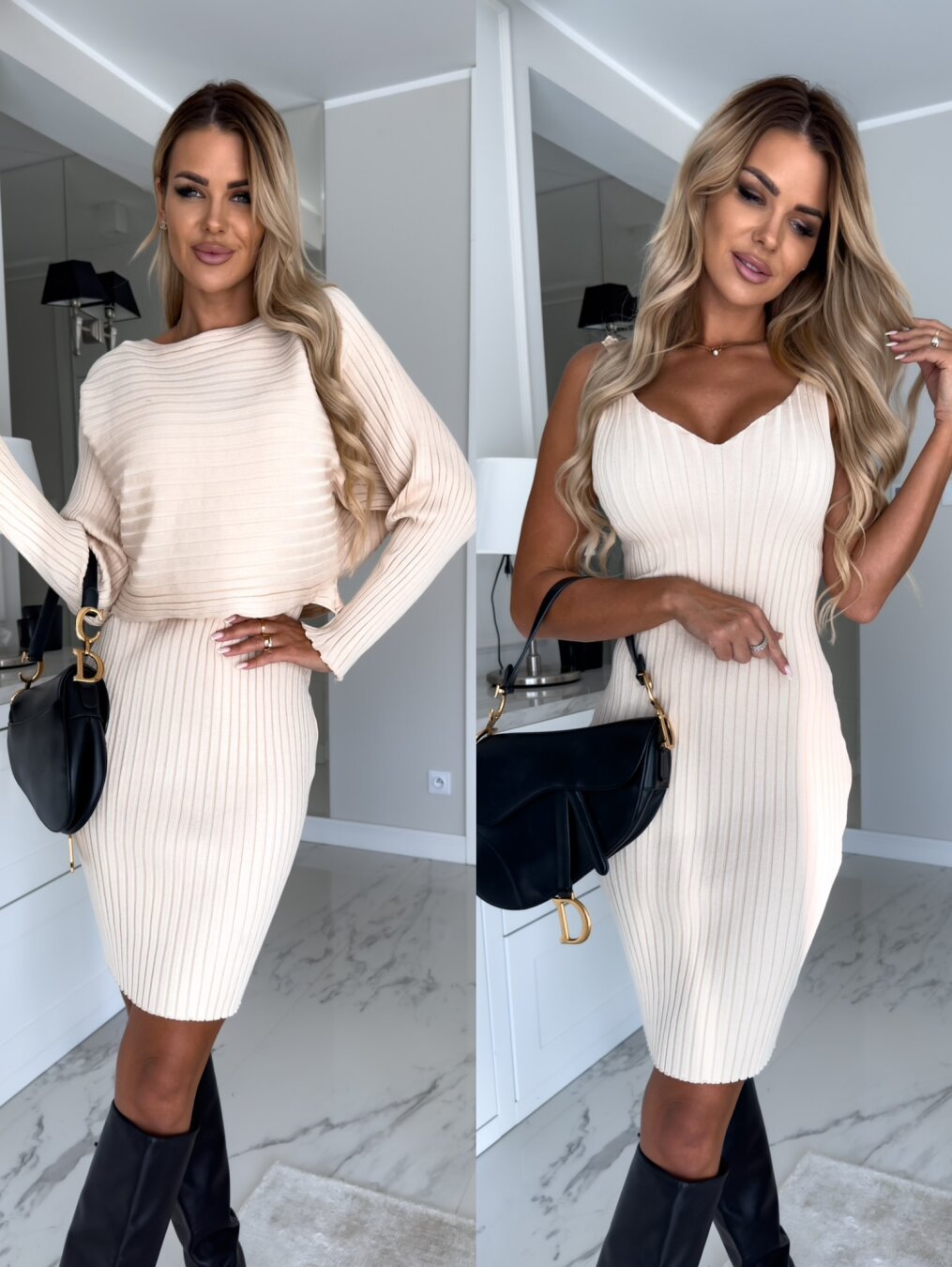 Vireous Women's Solid Stripe Long-Sleeve Two-Piece 'Crumple' Dress Set