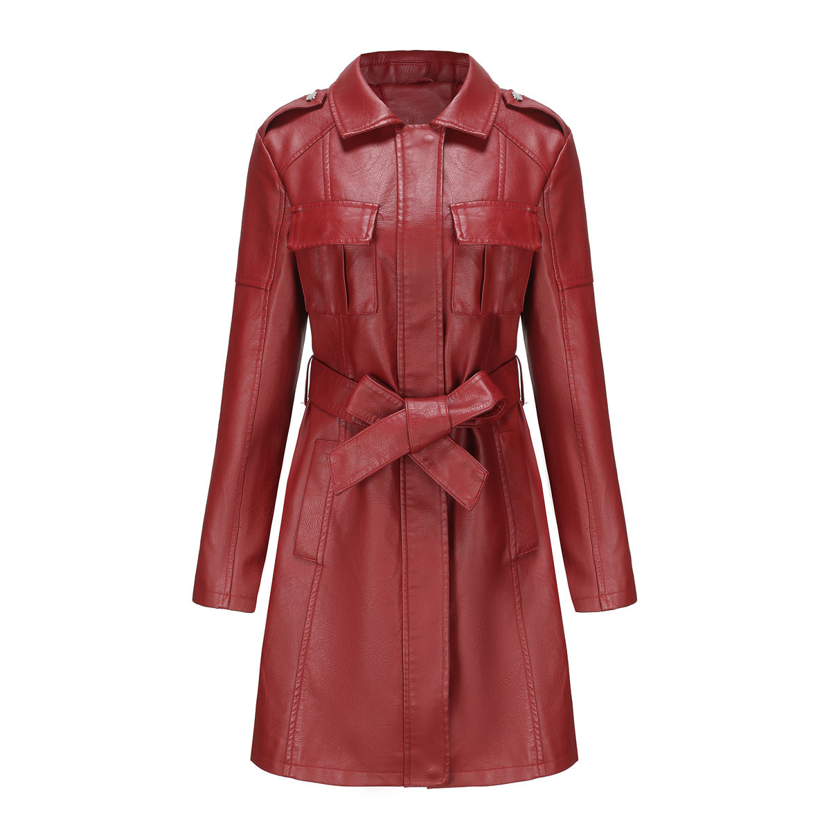 Vireous British Fashion Mid-Length Women's Leather Coat With Belt, Multi Colours