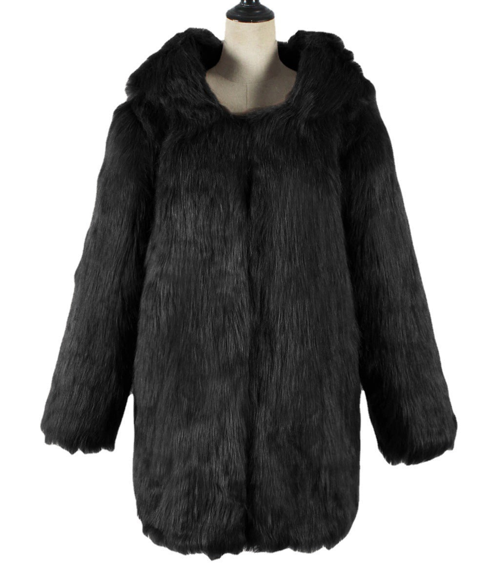 Vireous Women's Glamorous Over-Size Hooded Faux Fur Jacket