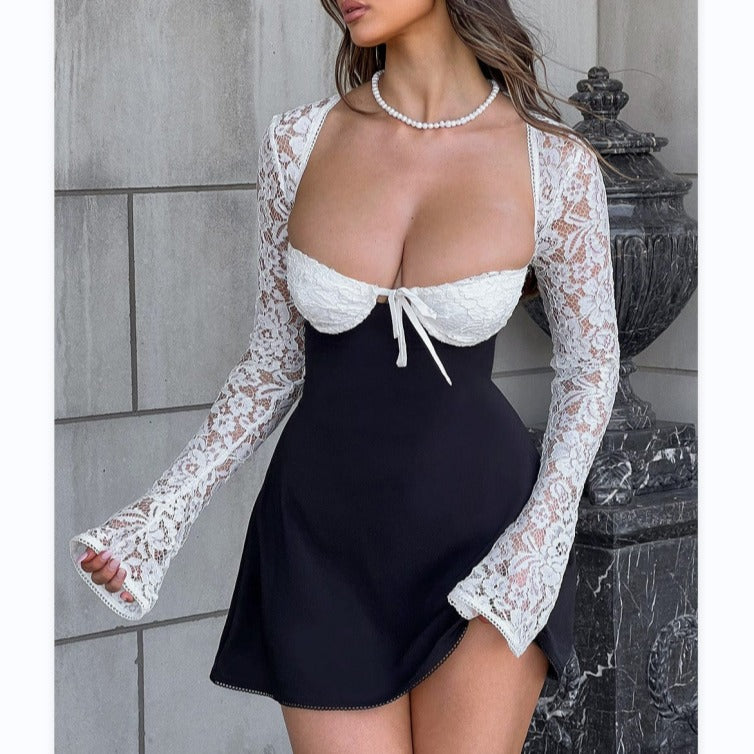 Vireous Lace Long-Sleeve Square-Neck Little Short Dress