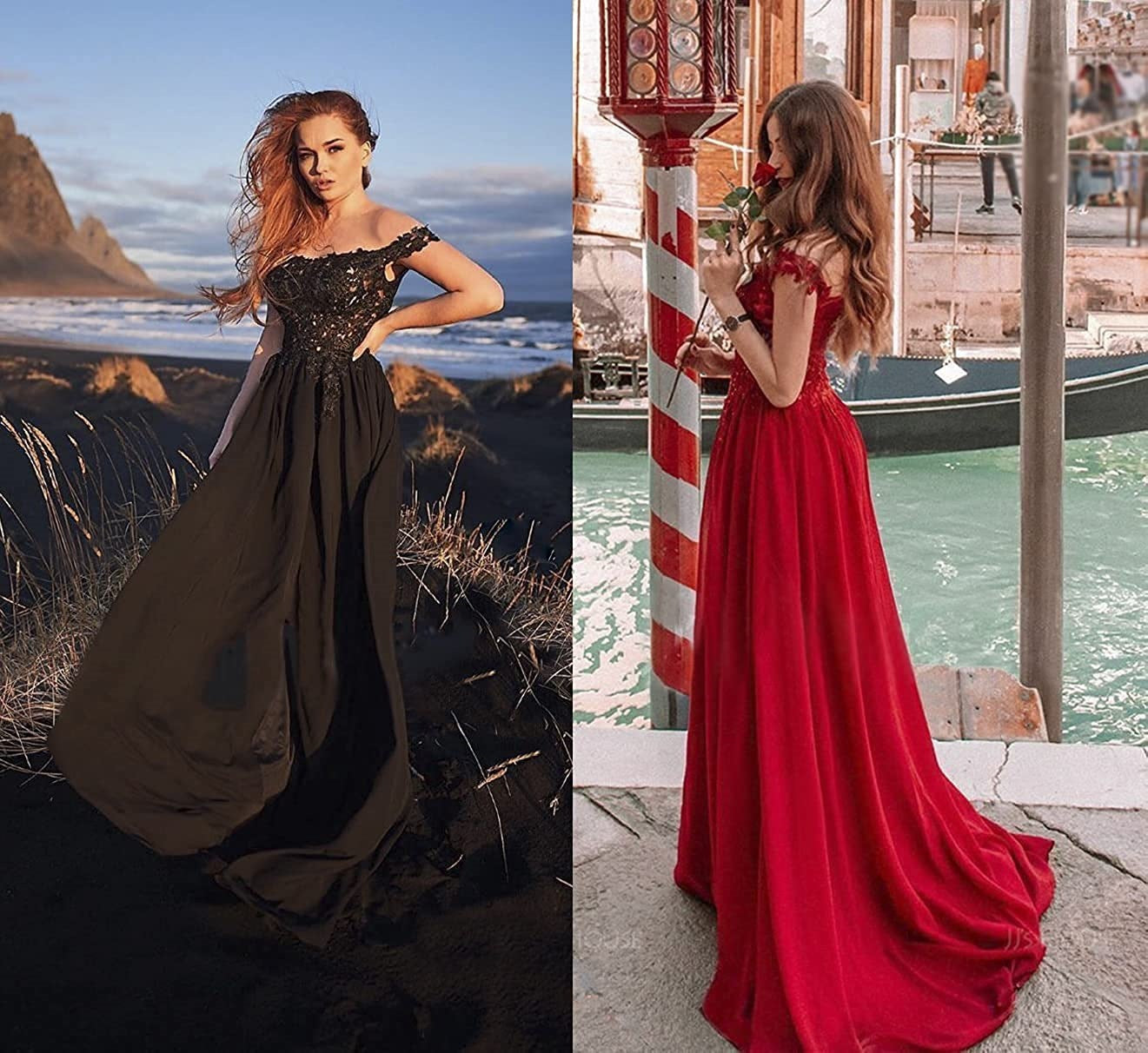 Vireous Off-Shoulder Long Prom-Style Slit Dress, Lace Bodice