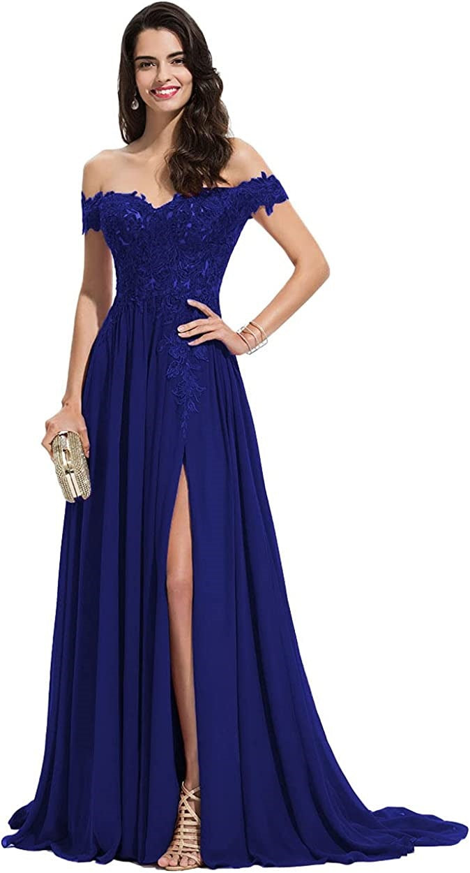 Vireous Off-Shoulder Long Prom-Style Slit Dress, Lace Bodice