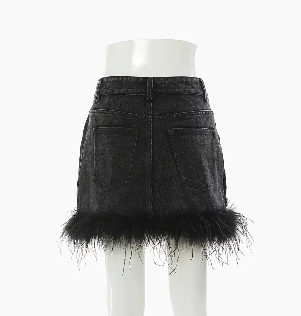 Vireous Feather Trim Black Denim Skirt