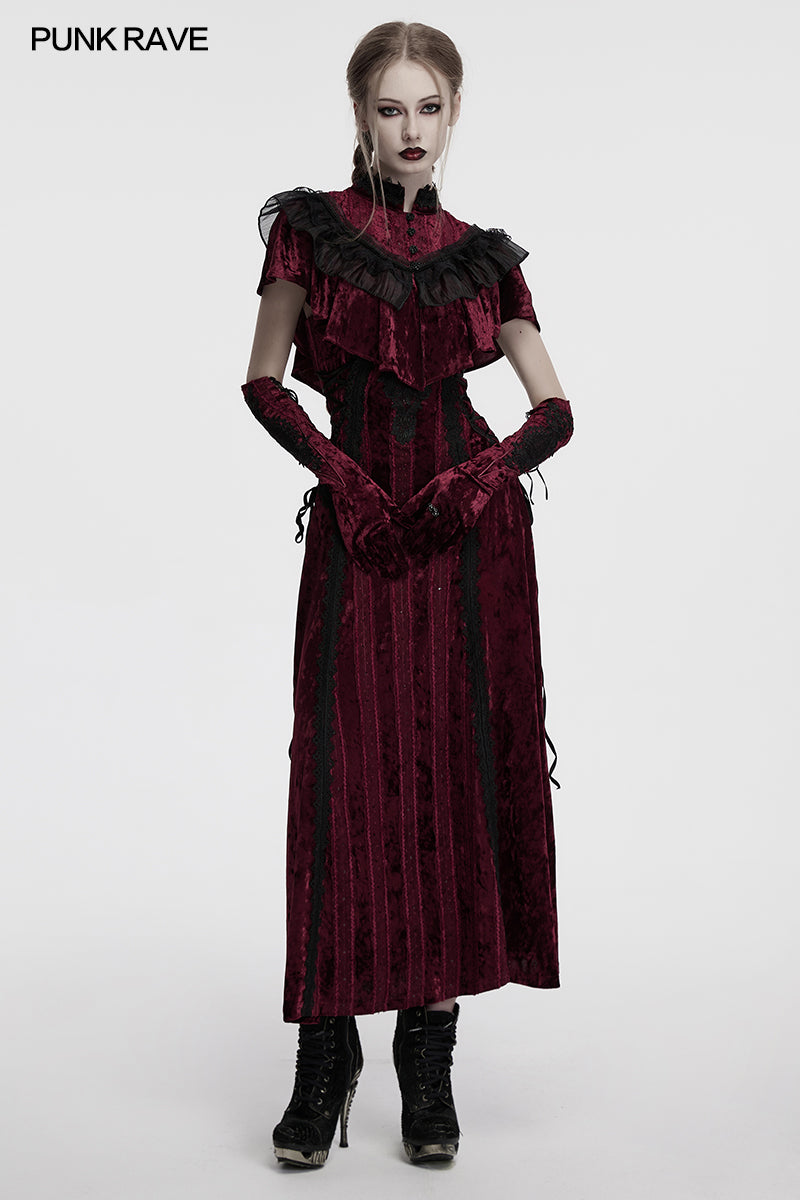 Punk Rave Vivienne Velvet Lace-Panel Goth Slip Dress In Burgundy