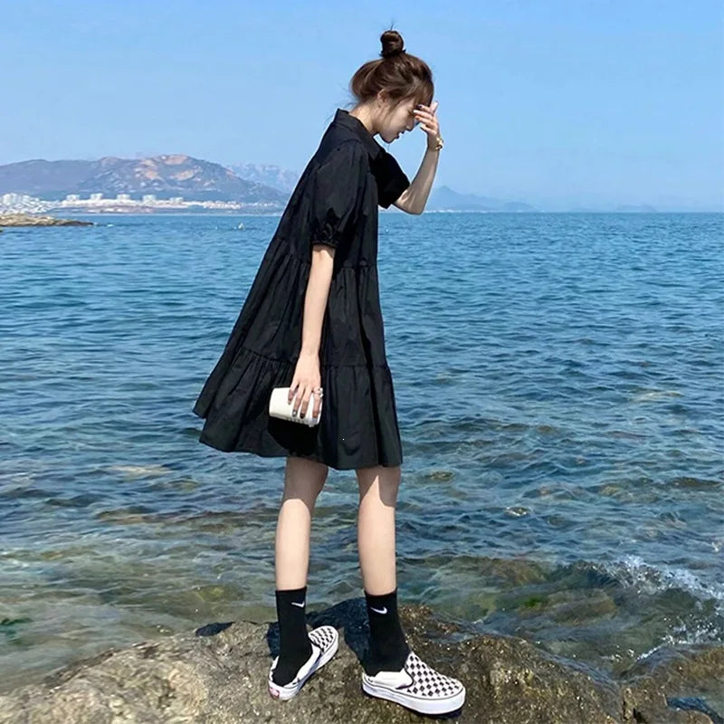 Hepburn-Style Pleated Midi Dress in Black, Plus Sizes