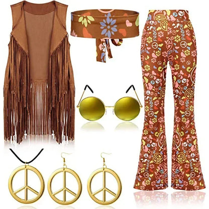 Complete Outfit, Hippie Disco 60s 70s Cosplay Fesitval Costume with Indian Tassels