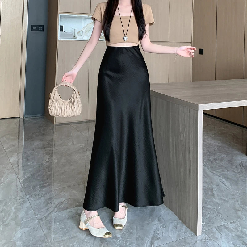Vireous Satin Women's Long Skirt, Side Lace Patchwork