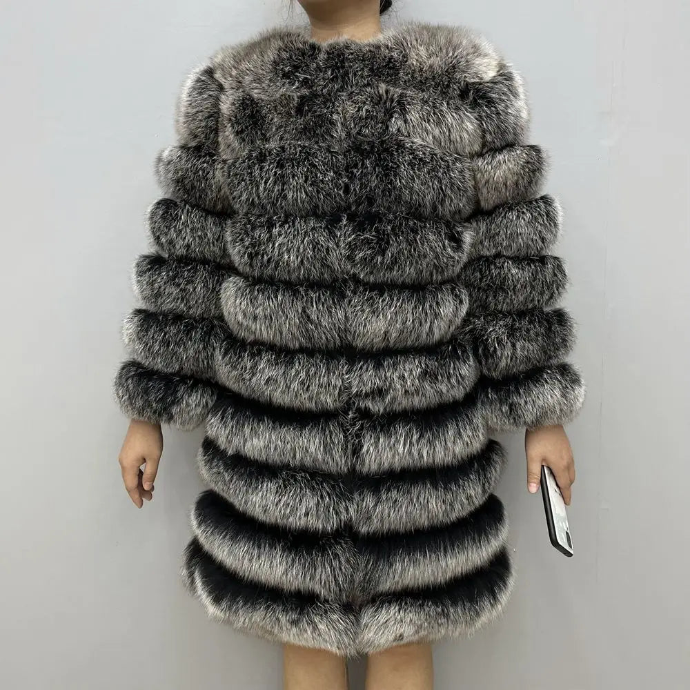 Avant Garde Ribbed Round-Neck Luxury Real Fox Fur Coat