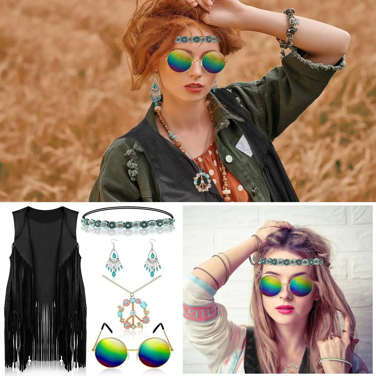 Complete Outfit, 60s 70s Hippie Disco Peace Love Costume with Cowgirl Vest Top