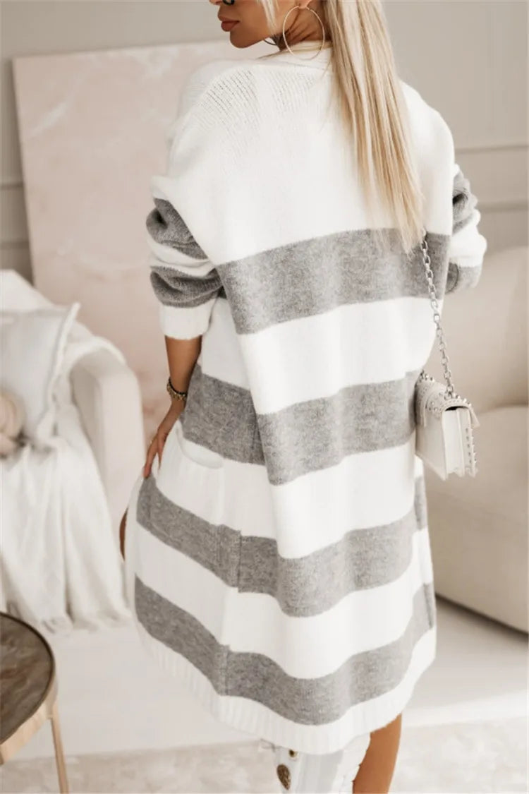 Women's Long Striped Knitted Sweater Coat, Multicolours