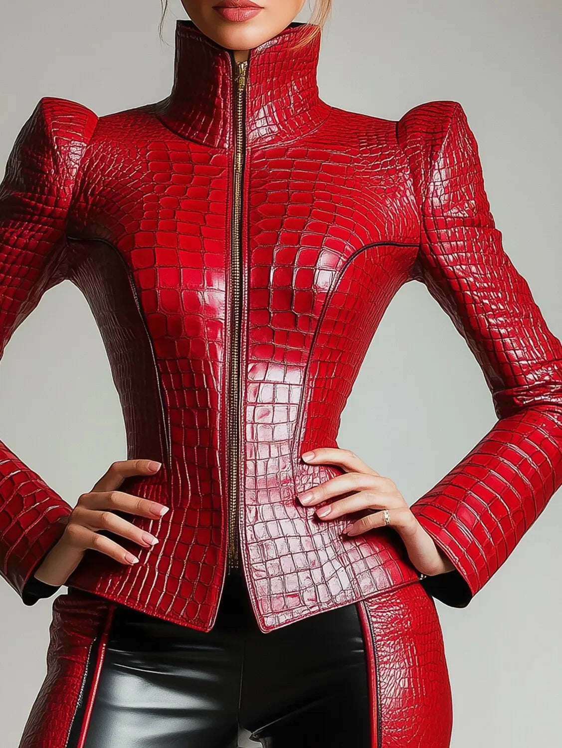 Women's Red Faux Leather Alligator-Pattern Gothic Vintage Jacket