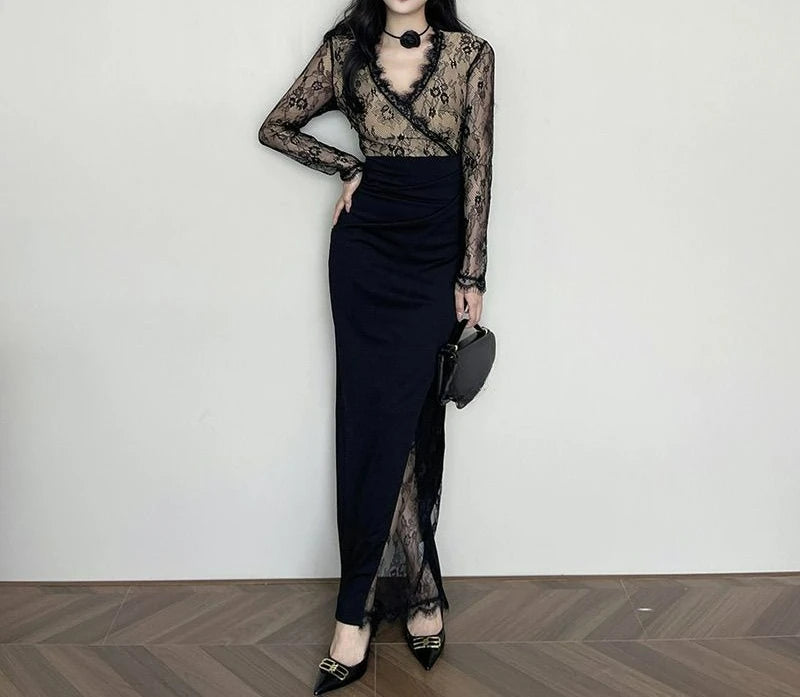 Dark Cross Black Lace Patchwork Long-Sleeve Dress