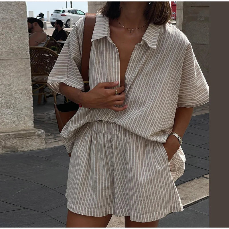 Cotton Linen Women's Two-Piece Summer Shorts Set, Plus Sizes