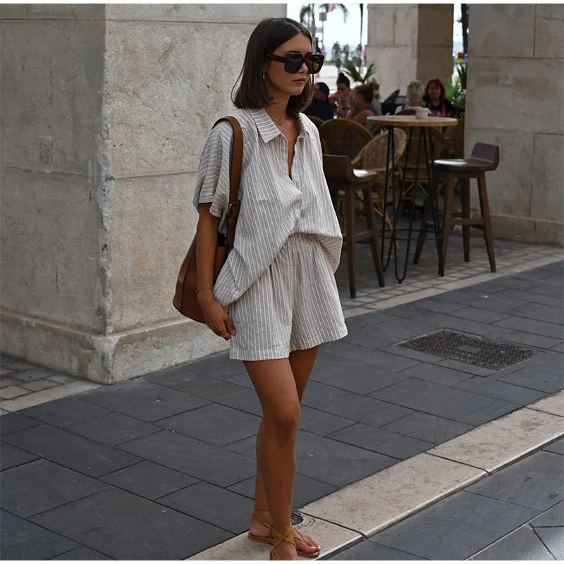 Cotton Linen Women's Two-Piece Summer Shorts Set, Plus Sizes