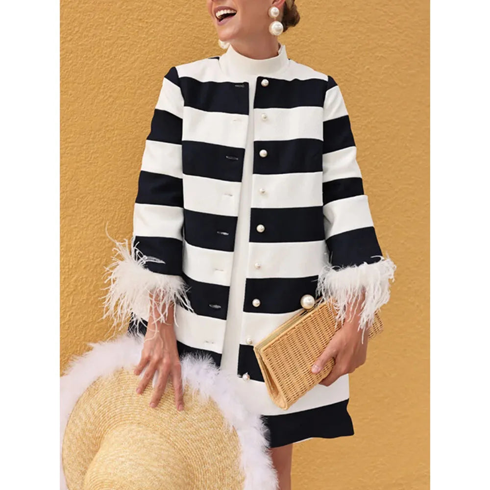 Vireous Black and White Three-Quarter Sleeves Classic-Cut Women's Pea Coat