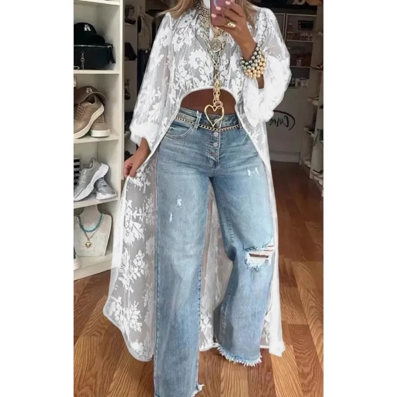 Vireous Lace Floral Extra-Long Shirt Top, High Neck Overwear