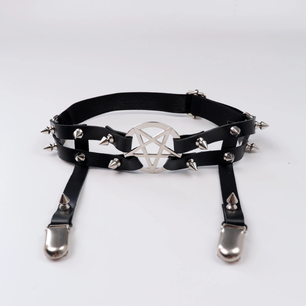 Dark Cross Goth Leg Strap Garter Belt, Pentagram Motif Suspenders