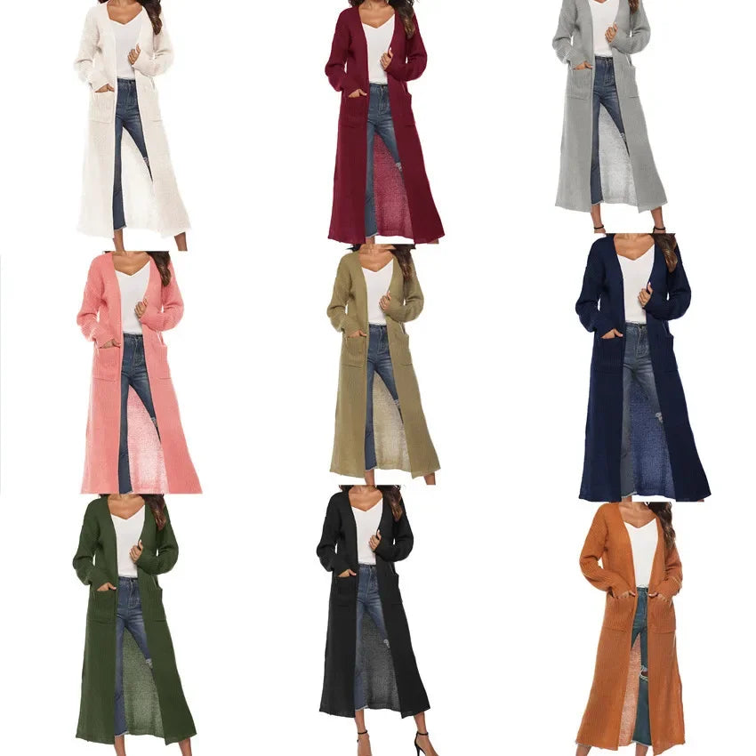 Thickened Long Pure Colour Pocket Irregular-Slit Sweater Coat