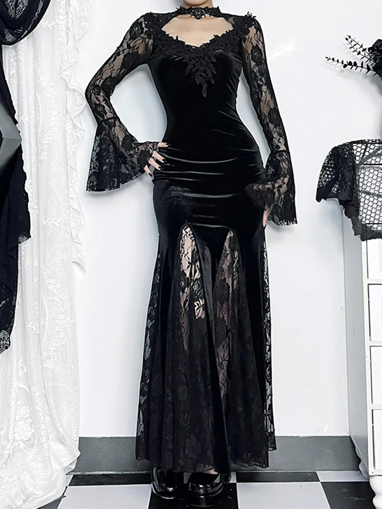 AltGoth Romantic Goth Aesthetic Flare-Sleeve Clubwear Dress