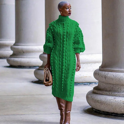 Streetwear Rib Knit Turtleneck Sweater Dress, Autumn and Winter Collection