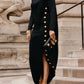 Vireous Women's Buttoned Split-Side High Neck Evening Black Dress