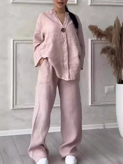 Women's Cotton and Linen Round-Neck Summer Short-Sleeves Pants Suit