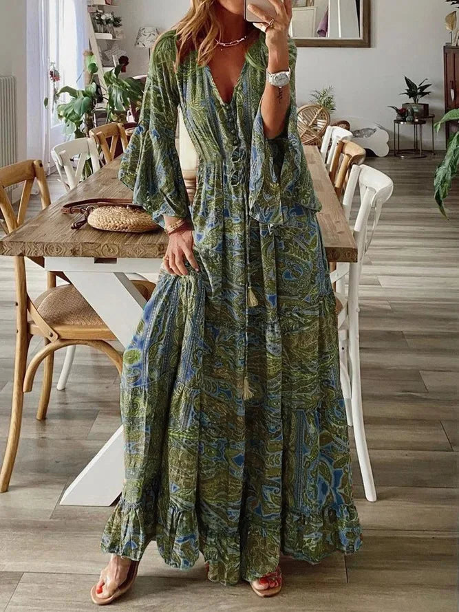 Floral Print Women's Hippy Dress, Bohemian Flare-Sleeves Long Dress