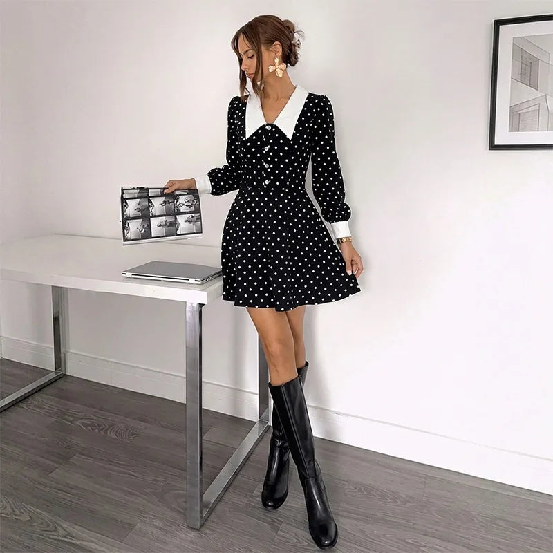 Elegant Polka Dot Cockail Dress, Long Sleeves in Black