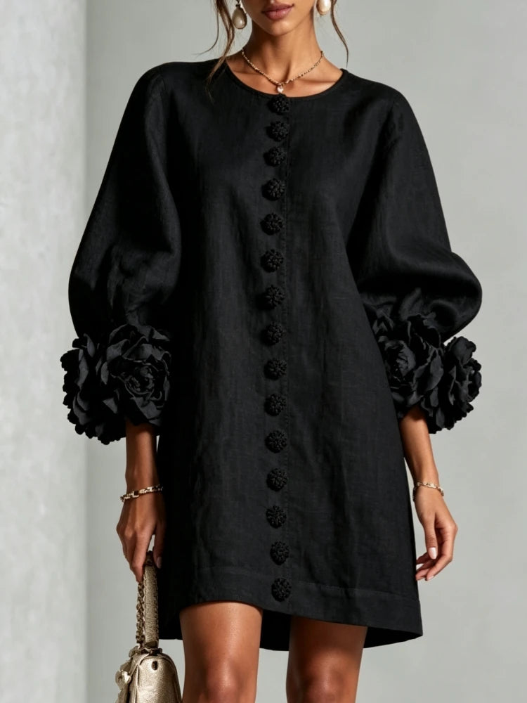 Vireous Women's Linen Mini Dress with Flower Buttons