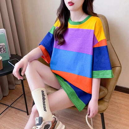 Vireous Women's Rainbow Stripe Round Neck Mini Dress, Long Top