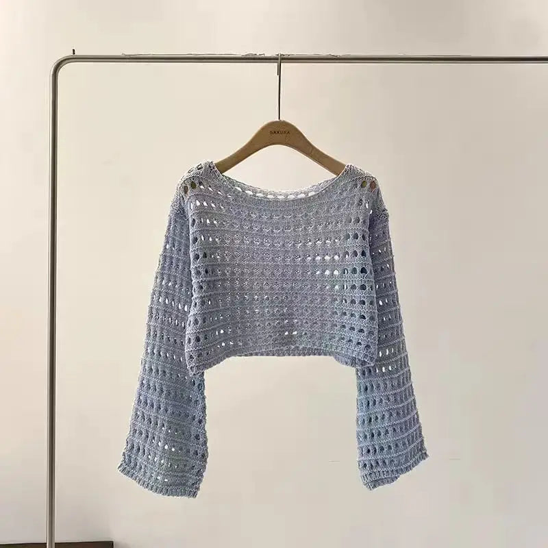 Crochet Casual Women's Cover Up, Long Sleeve Knitted Crop Top