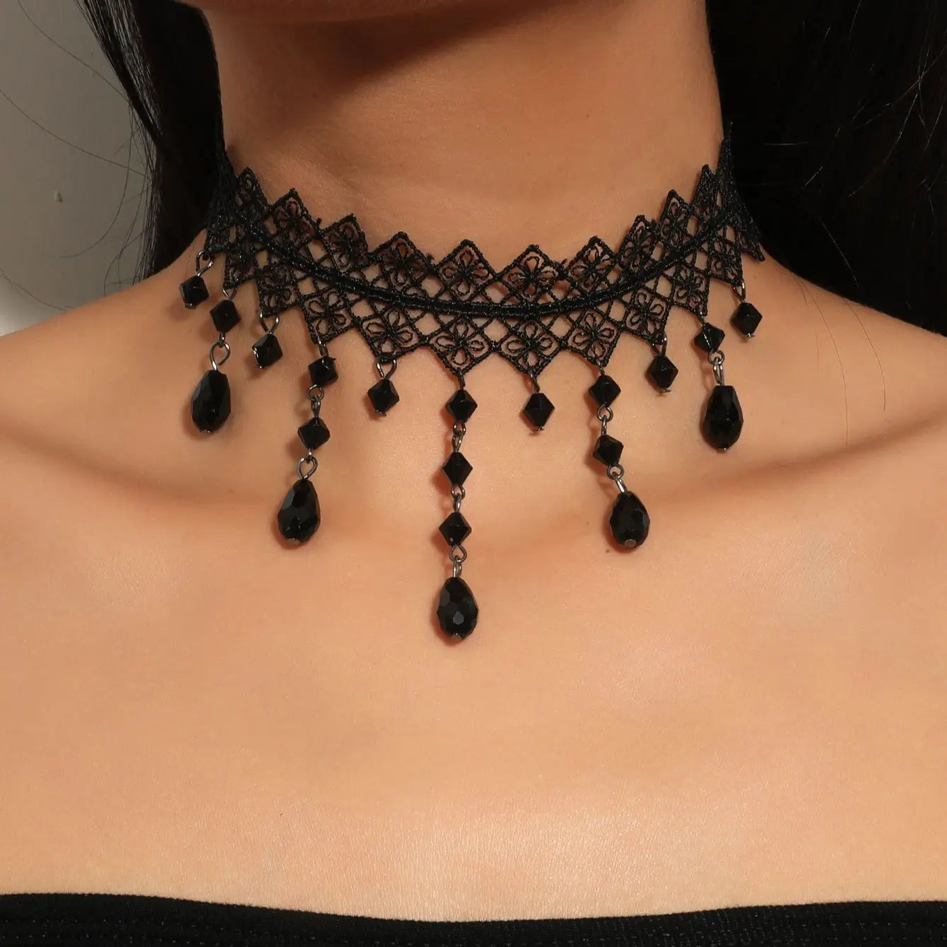 Dark Cross Black Crystal Lace Choker Necklace