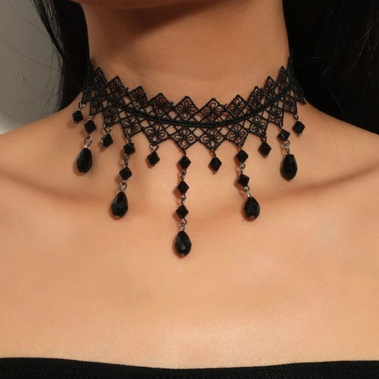 Dark Cross Black Crystal Lace Choker Necklace