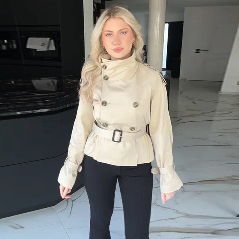 Vireous Women's Short Jacket Belted Trench Coat