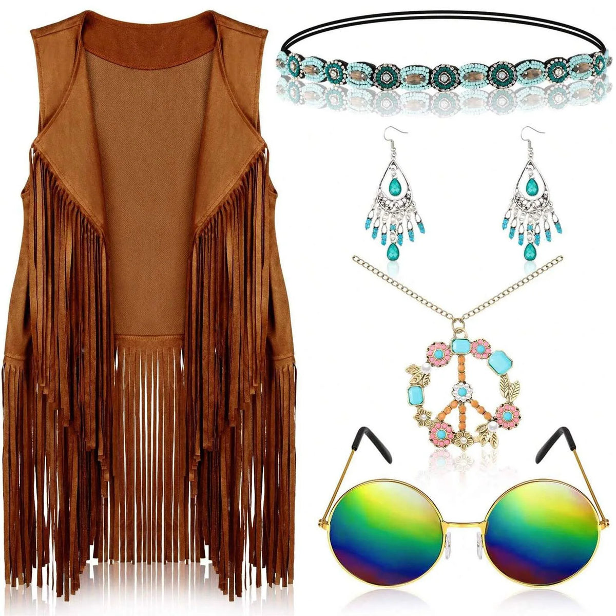 Complete Outfit, 60s 70s Hippie Disco Peace Love Costume with Cowgirl Vest Top