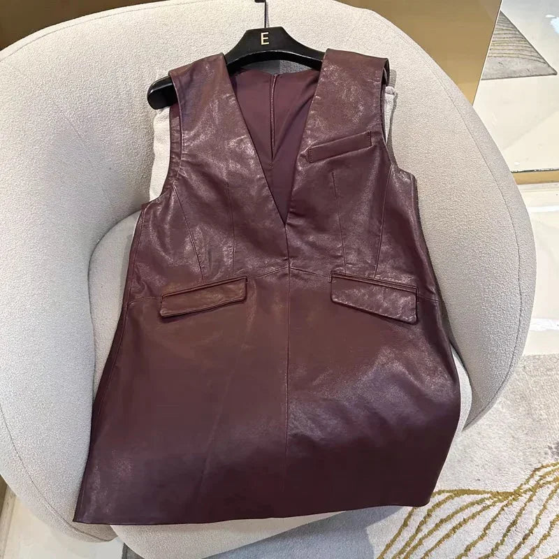 Women's Classic Genuine Leather Smock Dress, Outerwear in Wine Red