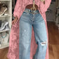 Vireous Lace Floral Extra-Long Shirt Top, High Neck Overwear