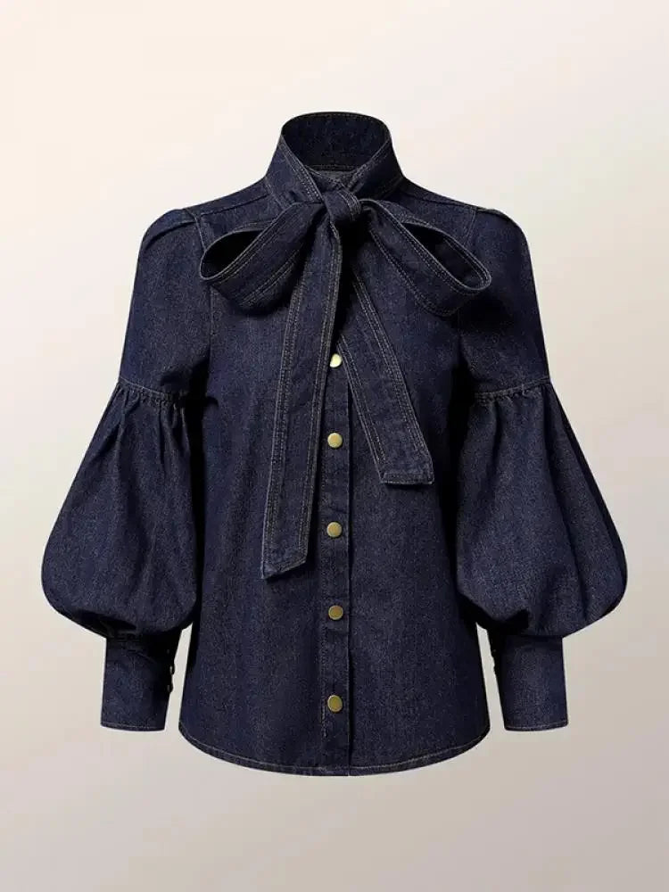 Vireous Women's Princess Sleeves High-Neck Bow Tie Denim-Look Blouse