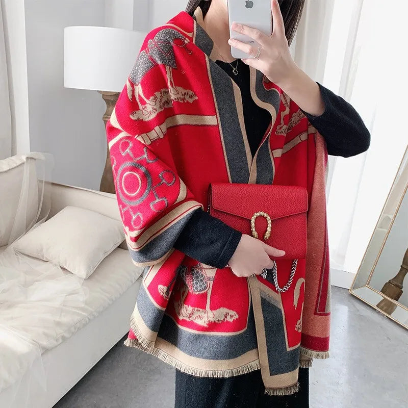 Extra-Large Cashmere Scarf, Equestrian-Print Blanket Wrap, Pashmina