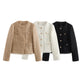 Vireous Round-Neck Simple Tweed Jacket, Multi Colours