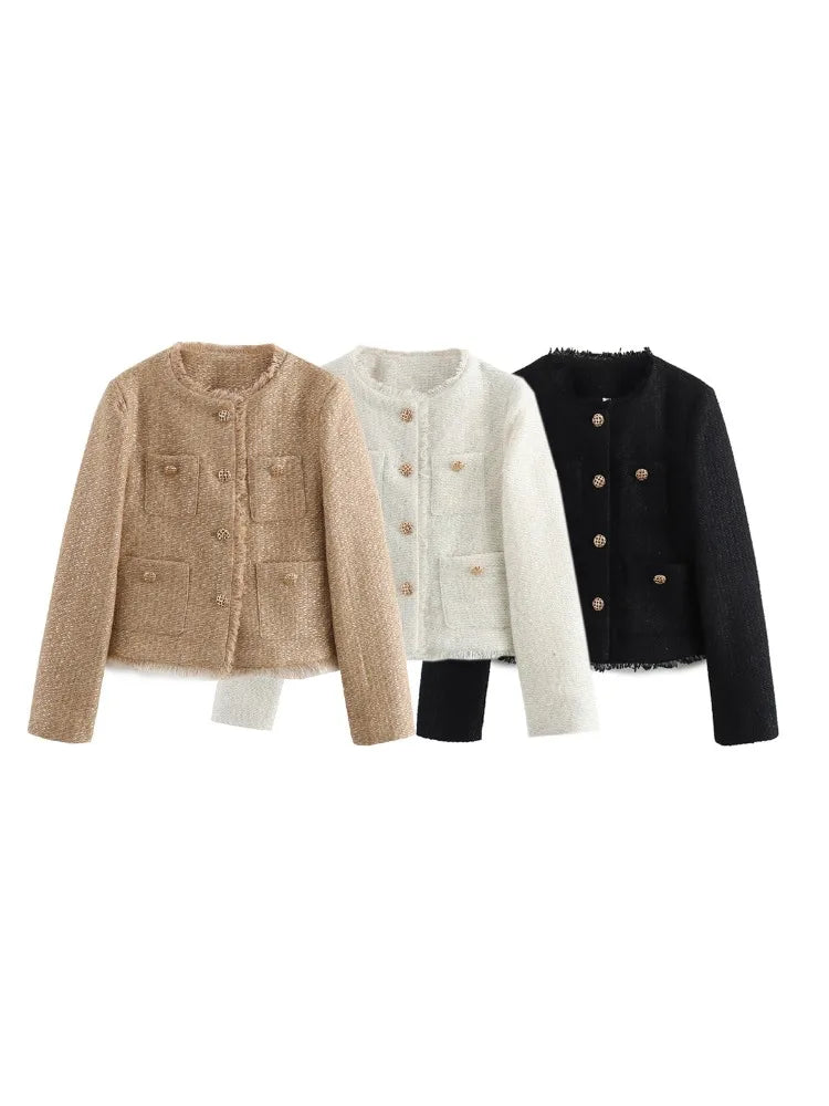 Vireous Round-Neck Simple Tweed Jacket, Multi Colours