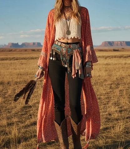 Vireous Women's Boho All-Over Pattern Long Hippy Chic Cardigan
