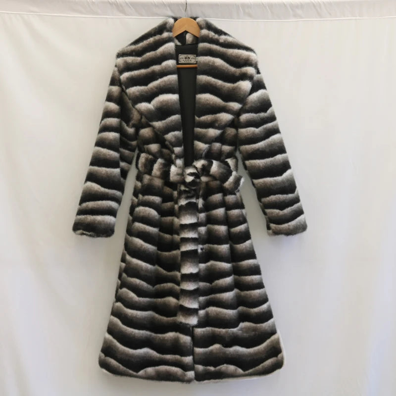 Vireous Women's Faux Fur Coat, Large Lapel Zebra-Print Mink Long Coat