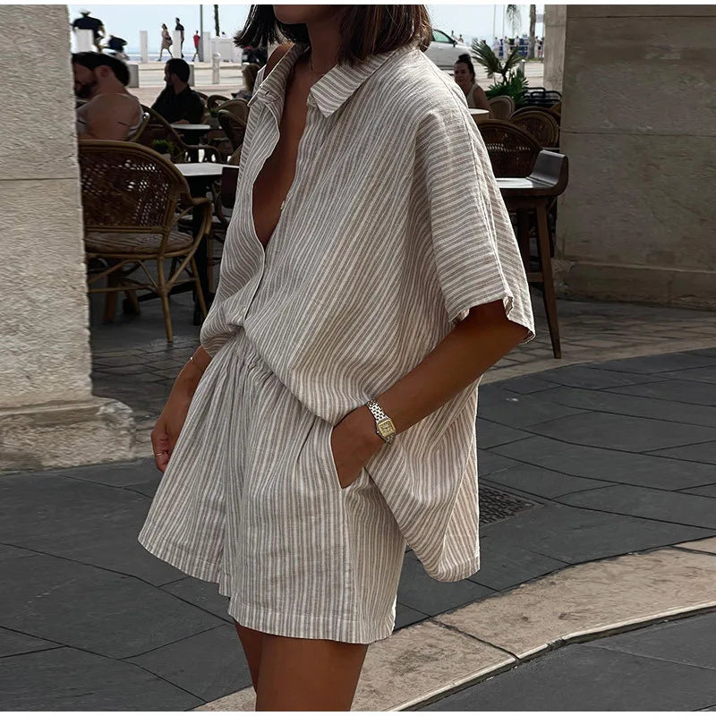 Cotton Linen Women's Two-Piece Summer Shorts Set, Plus Sizes