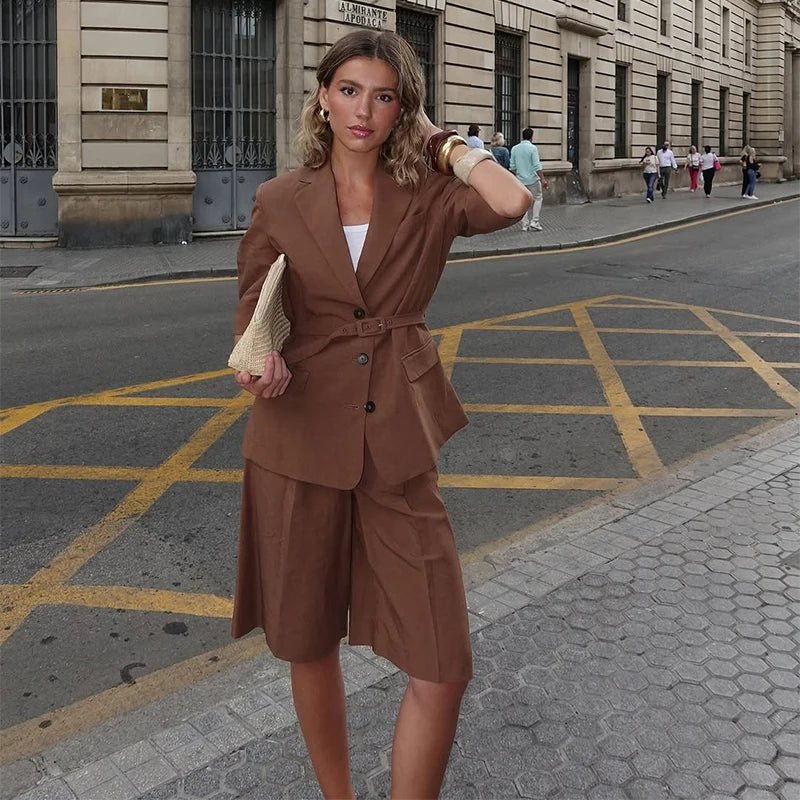 Cotton Linen Women's Belted Businesswear, Coffee Jacket and Shorts Two-Piece