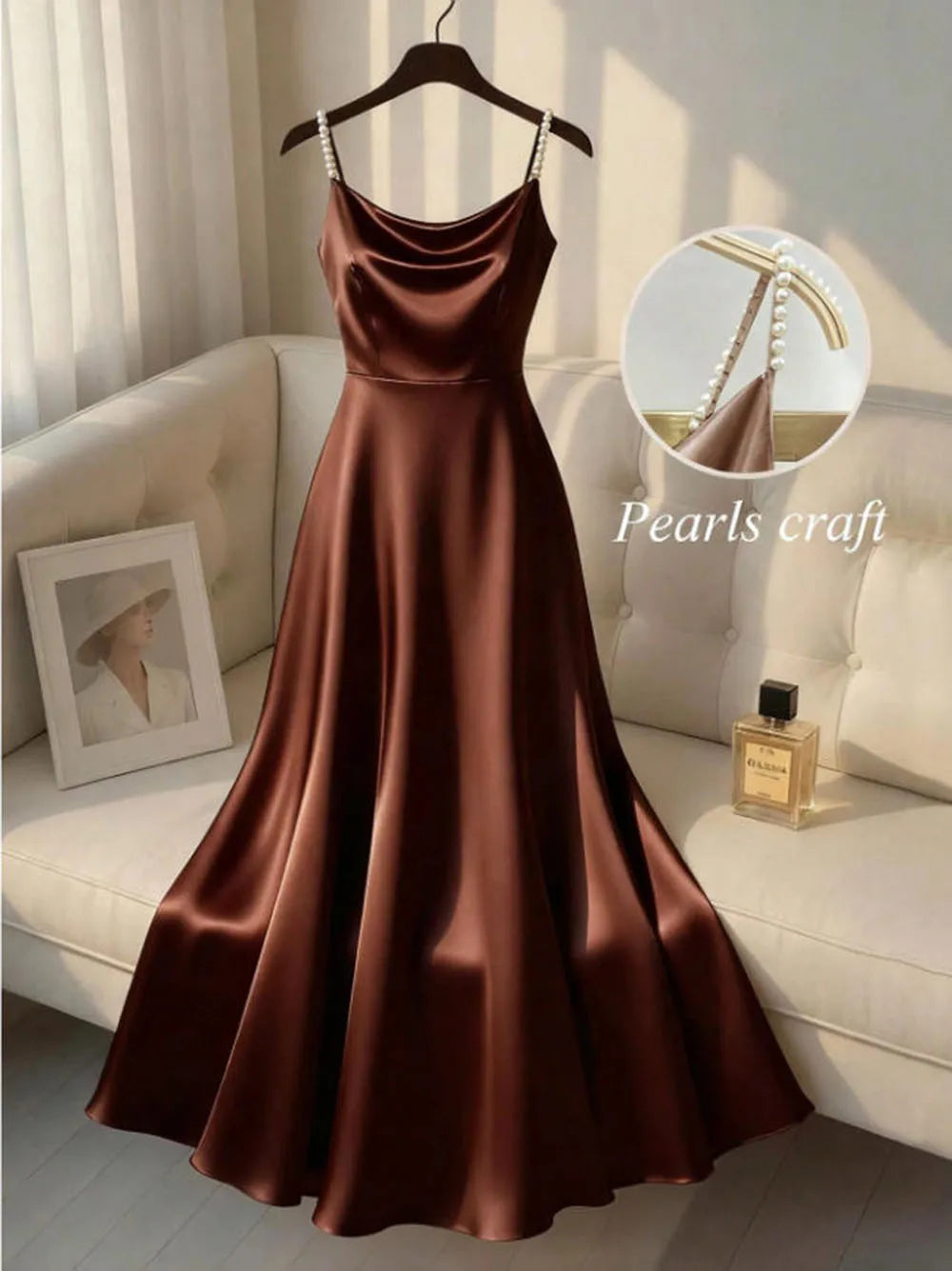 Vireous Pearl-Beaded Strap Satin Slip Retro Dress, Elegant Summer Evening Dress