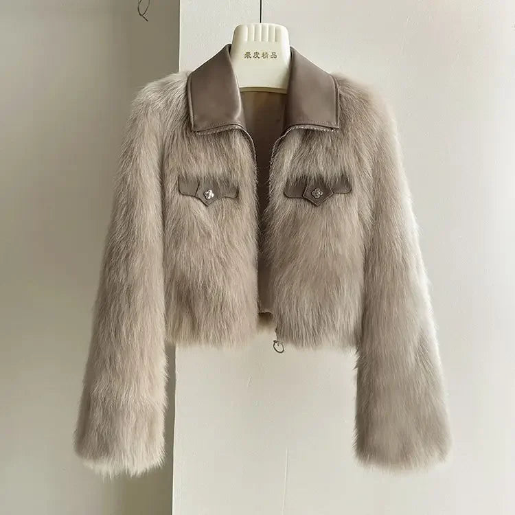 Vireous Polo Collar Women's Faux Fur Bomber Jacket, Spring and Autumn Collection