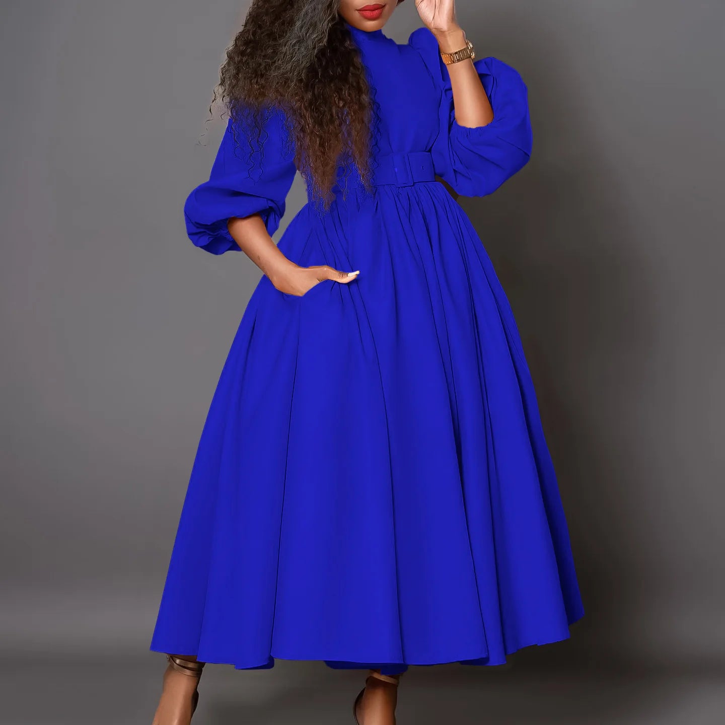 Vireous Elegant High-Neck Bubble Sleeve Midi Dress, Popping Colours